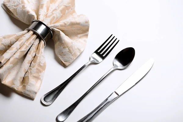 Silver Colored Cutlery White Table Dining Table Setting — Stock Photo, Image
