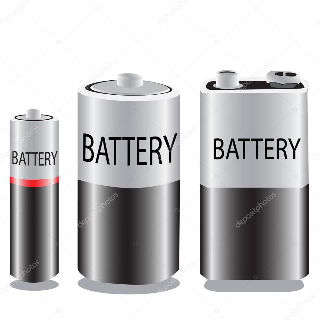 vector of aa, aaa, big and nine volt batteries with a white background