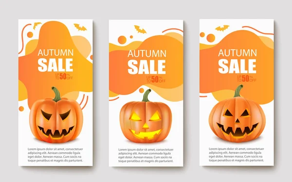 Banners modernos abstractos con calabazas realistas. Para la venta de otoño y Halloween. Ilustración vectorial — Vector de stock