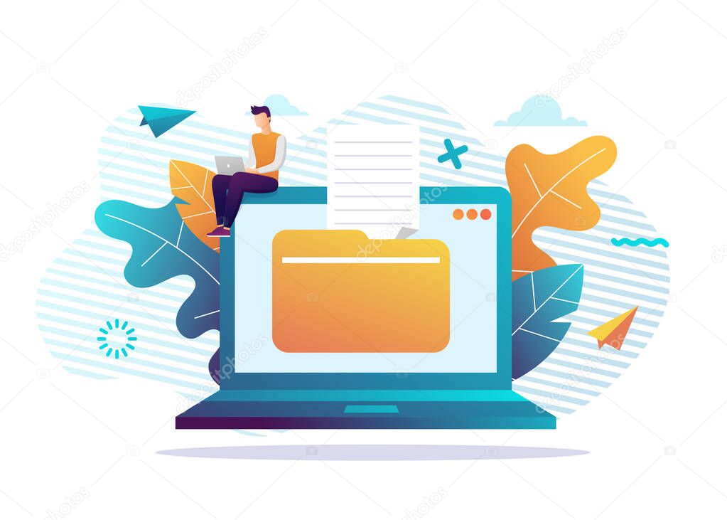 Laptop and download file icon. Document downloading concept. Trendy flat design graphic with small people. Vector illustration