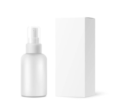 Şeffaf kapaklı sprey şişesi, beyaz arka planda izole edilmiş karton kutu modeli, ön görünüm. Vektör illüstrasyonu