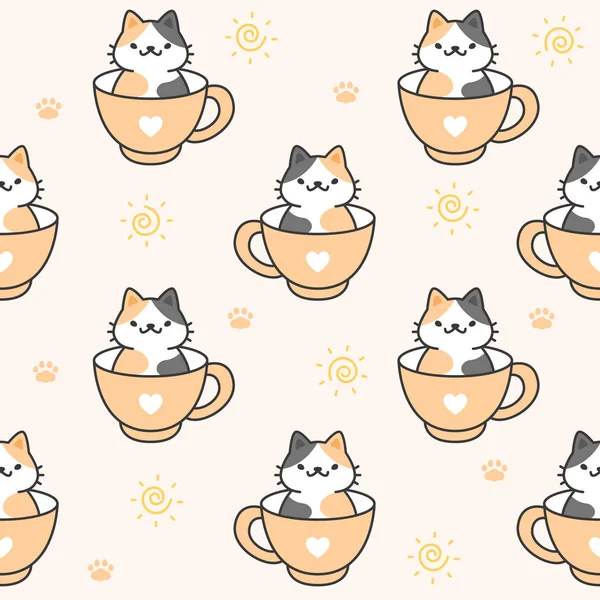 Carino Gatto Una Tazza Caffè Senza Soluzione Continuità Sfondo Ripetizione — Vettoriale Stock