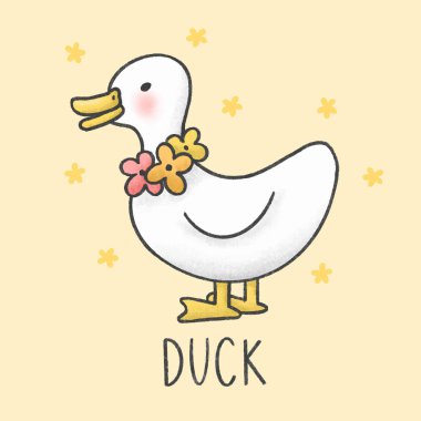 Sevimli ördek ve çiçek kolye karikatür el çizilmiş tarzı