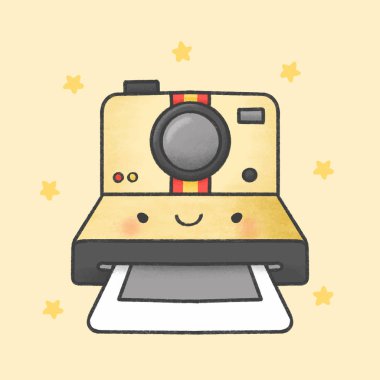 Polaroid kamera el çizilmiş çizgi film karakteri. El çizim vektörü. Çizgi film karakter tasarımı.