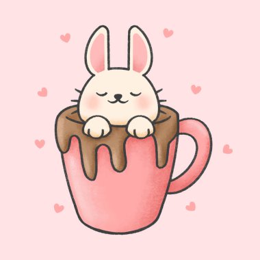 Tavşan çikolata el çizilmiş karikatür hayvan karakteri bir fincan. El çizim vektörü. Çizgi film karakter tasarımı.