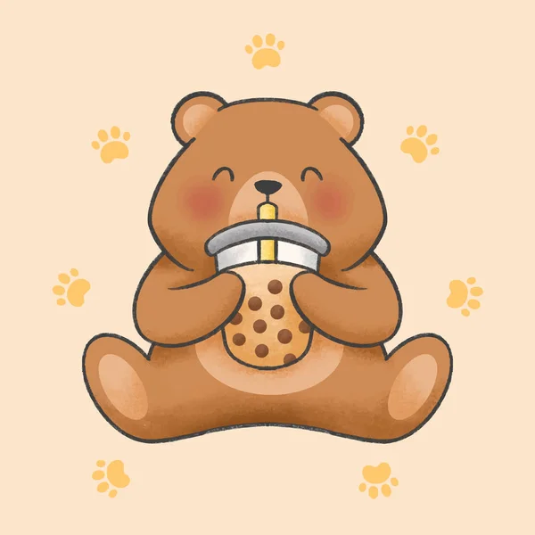 Cute bear eat bubble milk tea hand drawn cartoon animal character. Hand  drawing vector. Cartoon character design. - Stock Image - Everypixel