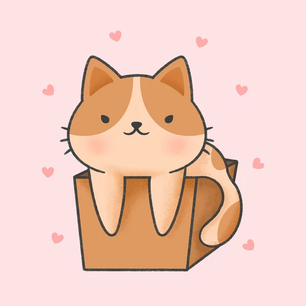 Lindo Gato Una Caja Dibujado Mano Personaje Animal Dibujos Animados — Vector de stock