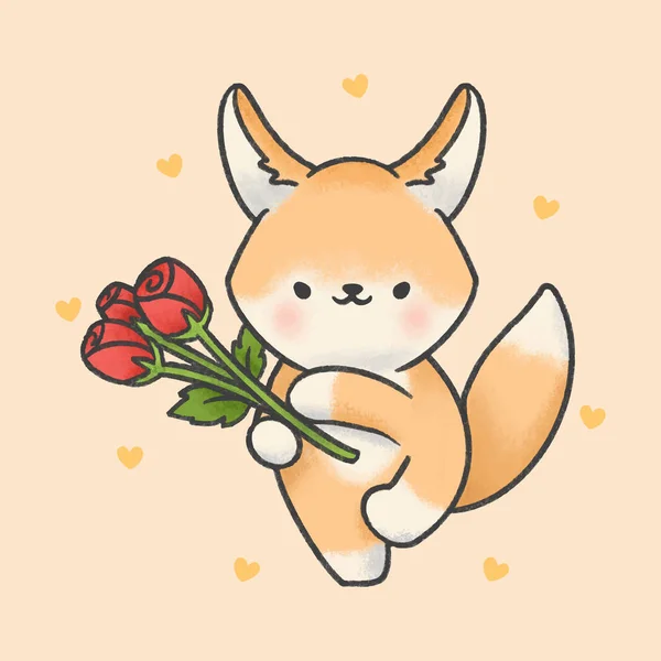 Schattig Fennec Fox Rose Bloemen Hand Getekende Cartoon Dierlijke Karakter — Stockvector