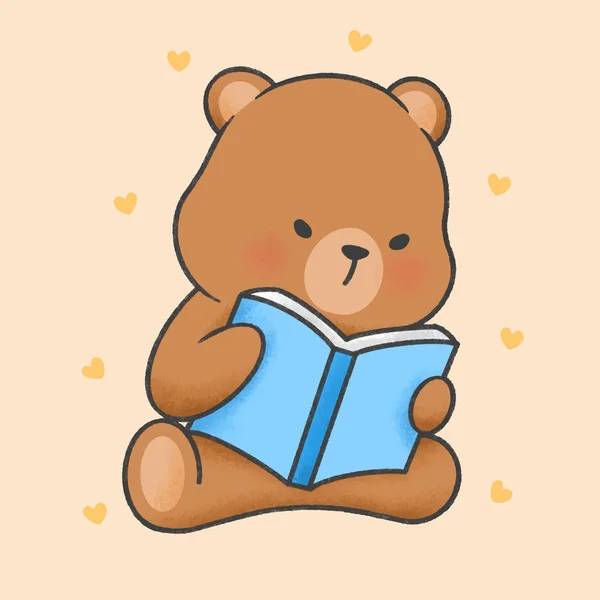 Lindo oso leyendo un libro de dibujos animados dibujado a mano estilo — Archivo Imágenes Vectoriales