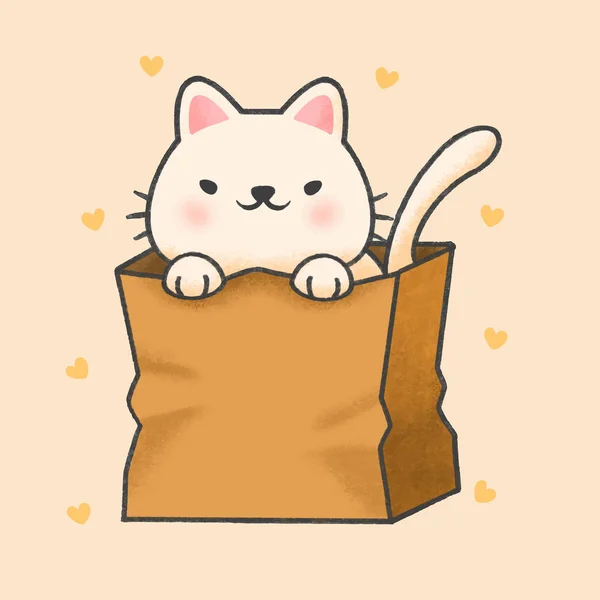 Piccolo gatto in un sacchetto di carta shopping cartone animato disegnato a mano stile — Vettoriale Stock