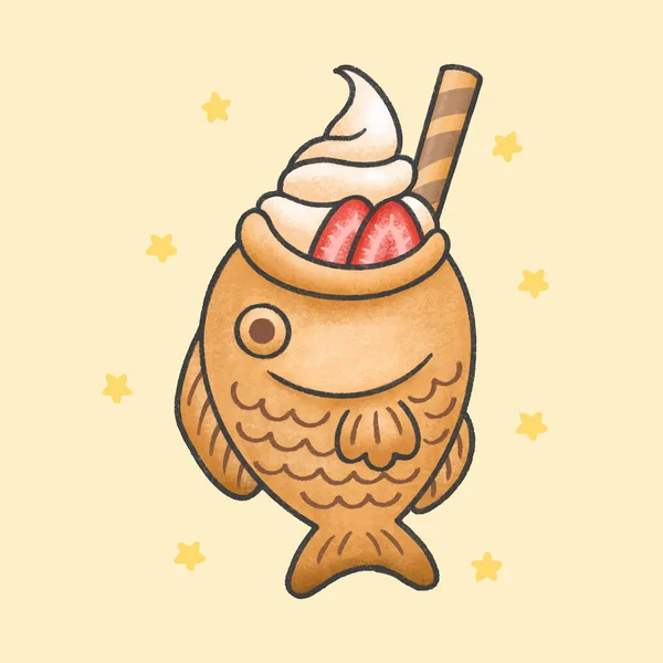 Taiyaki-Eis mit Erdbeer-Dessert Cartoon handgezeichnet sty — Stockvektor