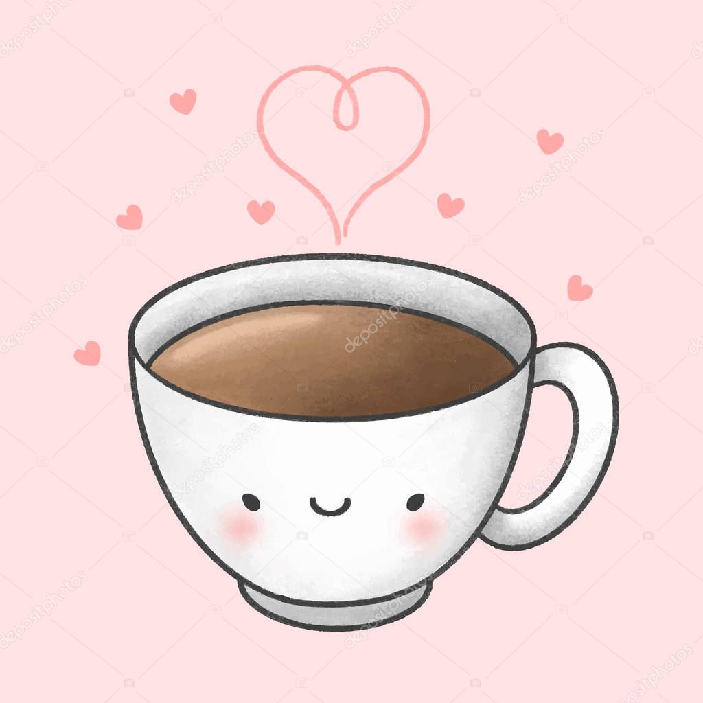Cute cup of coffee cartoon hand drawn style