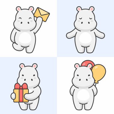 Sevimli su aygırı karikatür hayvan karakter vektör vektör seti. Çizgi film karakter tasarımı.