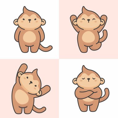 Sevimli maymun karikatür hayvan karakter vektör vektör seti. Çizgi film karakter tasarımı.