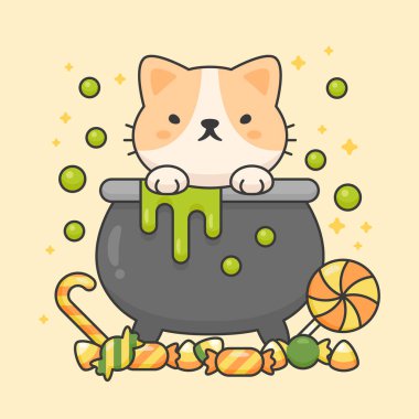 Tatlı şekerler ile zehirli bir tencerede sevimli kedi Vektör karakteri