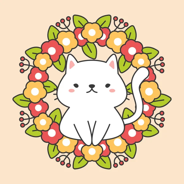 Guirlande florale avec des feuilles et mignon chat Xotor — Image vectorielle