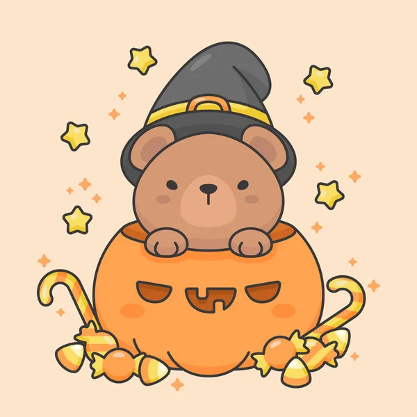 Wektor charakter cute Bear w dyni z cukierków i gwiazd Halloween kostium — Wektor stockowy