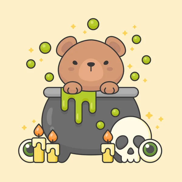 Vector character of cute bear in a poison pot with skull and candles — Stock Vector