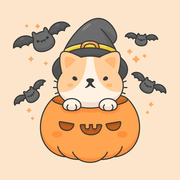 Vector character of cute cat in a pumpkin wear halloween hat and bats