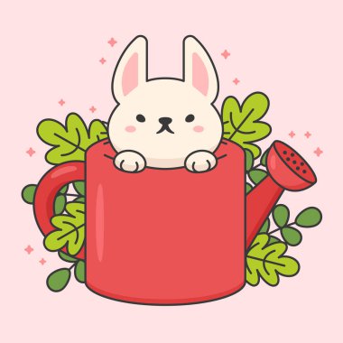 Bir sulama ve yaprakları sevimli tavşan Vektör karakteri