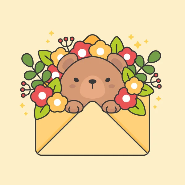 Vektor-Charakter des niedlichen Bären in einem Umschlag mit Blumen und Blättern — Stockvektor