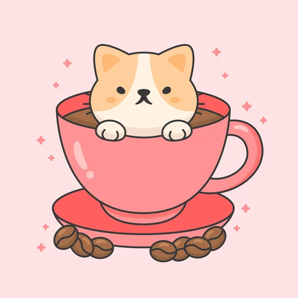 コーヒーカップでかわいい猫のベクトルキャラクター — ストックベクタ