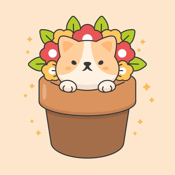 Personagem vetorial de gato bonito em um vaso de flores —  Vetores de Stock