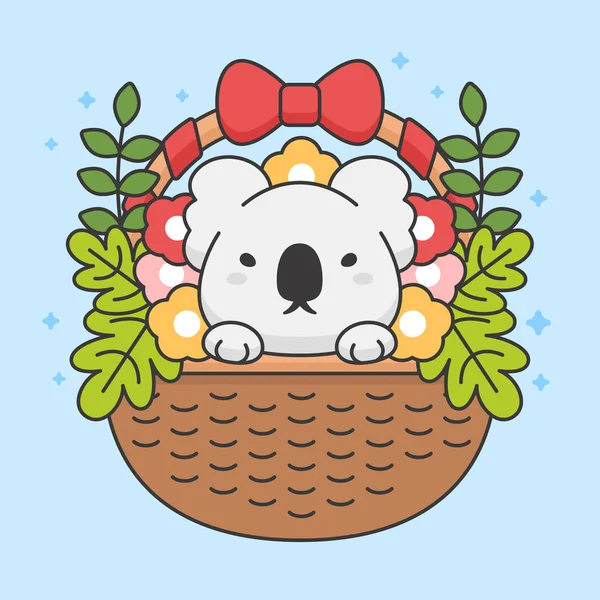 Personagem vetorial de coala bonito em uma cesta com flores e folhas —  Vetores de Stock