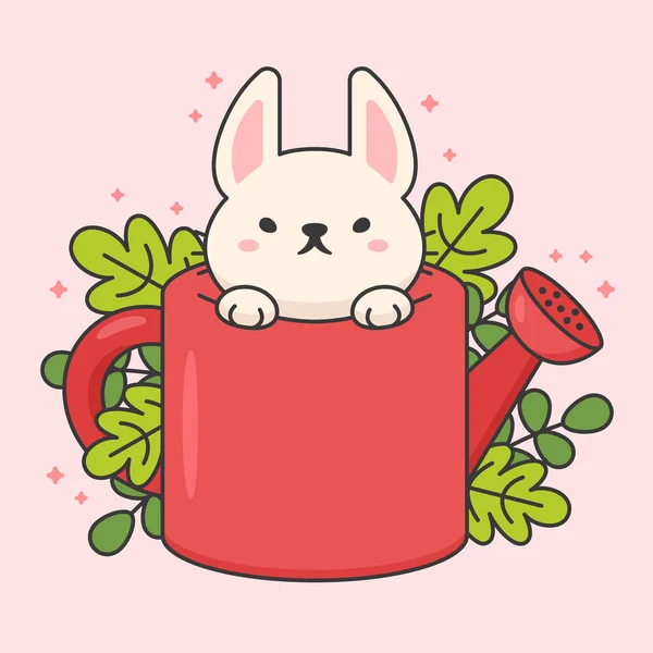 Vektorový znak roztomilým králíkem v zalévání a listí — Stockový vektor