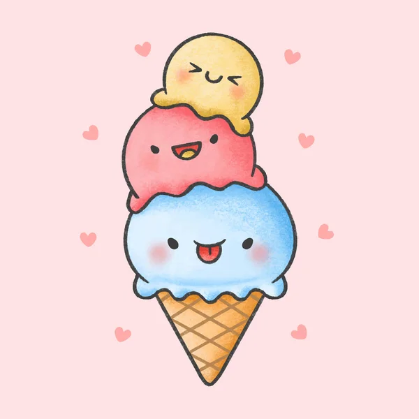 Lindo helado postre dibujos animados estilo dibujado a mano — Vector de stock