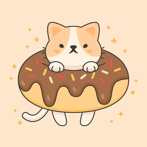 チョコレートドーナツでかわいい猫のベクトルキャラクター — ストックベクタ