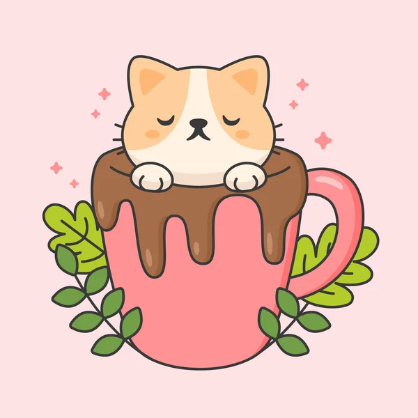 チョコレートのカップでかわいい猫のベクトル文字 — ストックベクタ