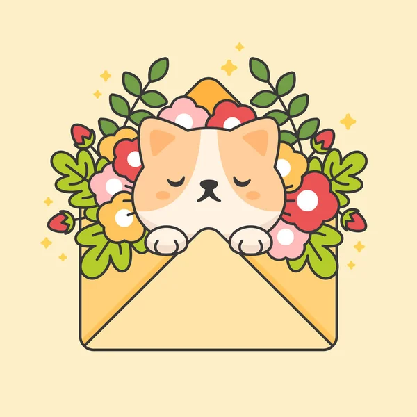 Χαριτωμένη γάτα σε ένα φάκελο με λουλούδια και φύλλα — Διανυσματικό Αρχείο