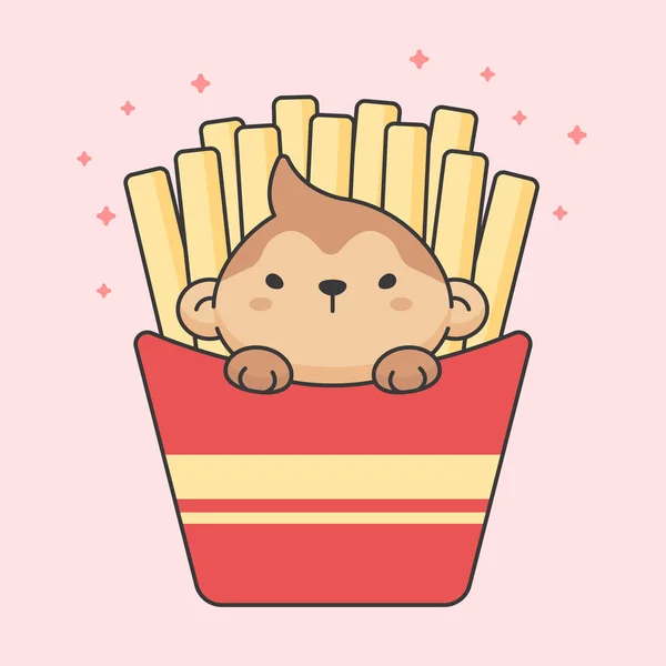 Cute monkey in french fries box — Stock Vector