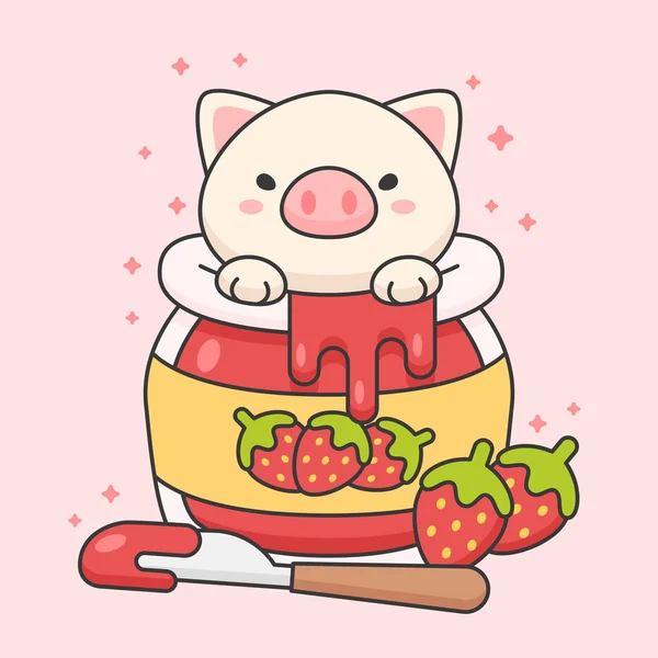 Χαριτωμένο γουρούνι σε βάζο μαρμελάδας φράουλα — Διανυσματικό Αρχείο