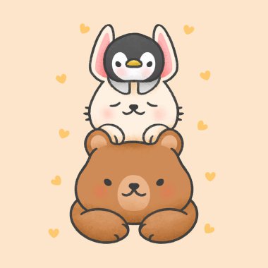 Sevimli ayı ve uyuyan tavşan penguen çizgi filminin üstünde.