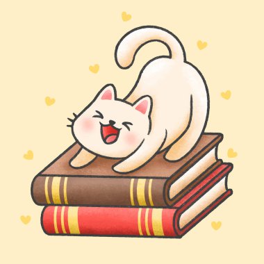 Çizgi roman yığınının üzerinde oturan sevimli kedi. El çizimi tarzı.