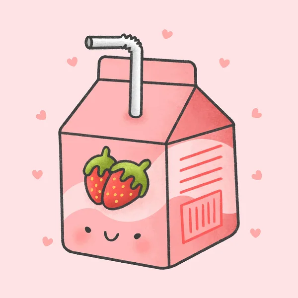 Carino stile disegnato a mano cartone animato scatola di latte fragola — Vettoriale Stock