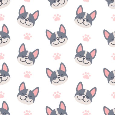 Ayak izsiz arka planı olan Fransız bulldog. Tekrarlayan desen, duvar kâğıdı arka plan, şirin, pürüzsüz desen arka plan.