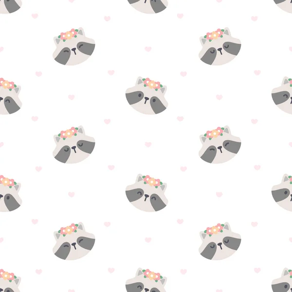 Cute Raccoon Flower Crown Seamless Background Repeating Pattern Wallpaper Background — Stock Vector