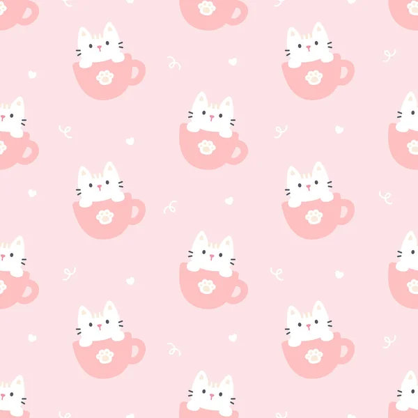 Lindo Gato Una Taza Café Sin Costuras Patrón Repetición Fondo — Vector de stock