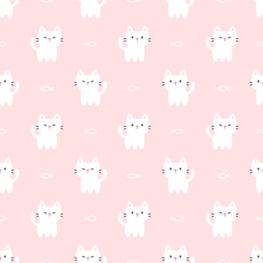 Şirin kedi ve balık kusursuz arka plan tekrarlayan desen, duvar kâğıdı arka plan, şirin kusursuz desen arka plan