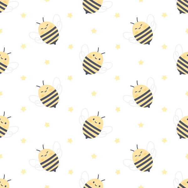 Симпатичные пчелы и звезды бесшовный фон повторяющийся узор, обои фон, милый бесшовный фон узор