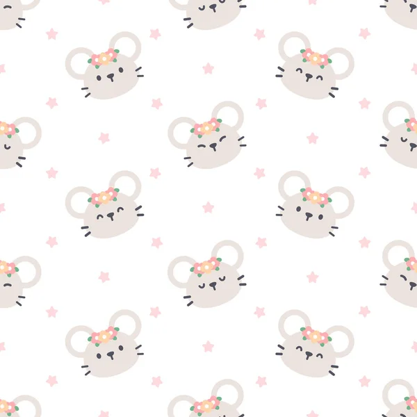Cute Mouse Flower Crown Seamless Background Repeating Pattern Wallpaper Background — Stock Vector