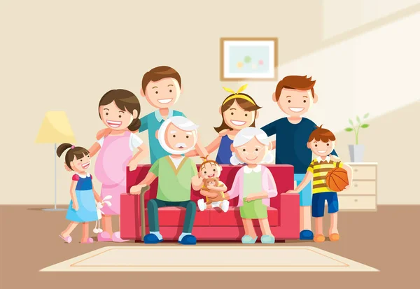 Bulanık arka plan ile sıcak büyük aile portresi. Büyükbaba, büyükanne ve bebek evde kanepede oturuyor. Düz bir tarzda vektör çizimi.