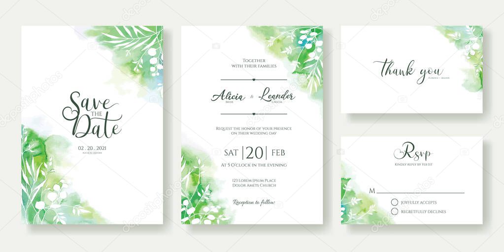Green Wedding Invitation, save the date, thank you, rsvp card Design template.