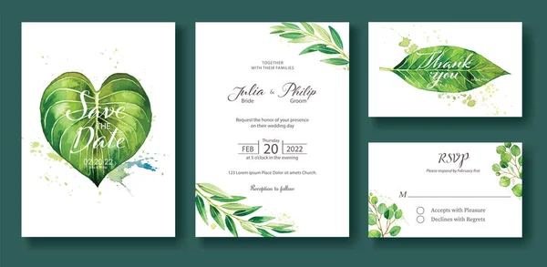 婚礼邀请函 保存日期 Rsvp卡设计模板 银元橄榄叶叶子 — 图库矢量图片
