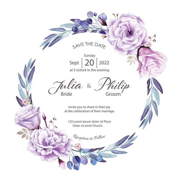 Tarjeta Invitación Boda Sobre Fondo Blanco Vector Rosa Púrpura Flor — Archivo Imágenes Vectoriales