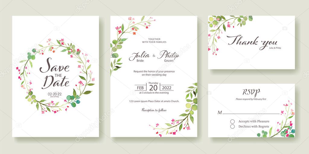 Wedding Invitation, save the date, thank you, rsvp card Design template. Vector. Summer pink flower.