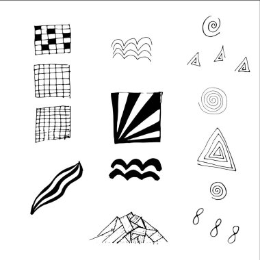 Satranç tahtaları, dalgalar, güneşler ve soyut unsurlar ile siyah beyaz renklerde ayarlanmış vektör doodle